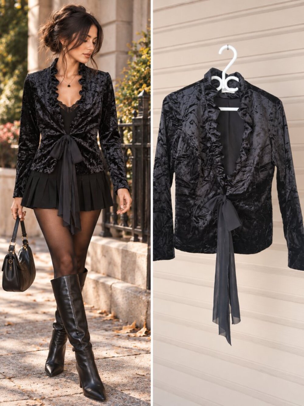 Laura Petites Black Crushed Velvet Ruffle Tie Front Blouse Ruched Whimsigoth 6